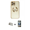 MARSİLYAN™- iPhone 12 Pro Kılıf Pusula Form - Siyah 34D Hayalet Izgaralı Cam + Gold Rainbow Kamera Lens Koruma Cam
