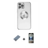 MARSİLYAN™- iPhone 12 Pro Kılıf Pusula Form - Siyah 34D Hayalet Izgaralı Cam + Gümüş Metal Kamera Lens Koruma Cam