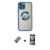 MARSİLYAN™- iPhone 12 Pro Kılıf Pusula Form - Siyah 34D Hayalet Izgaralı Cam + Metal Kamera Lens Koruma Cam - MI