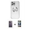 MARSİLYAN™- iPhone 12 Pro Kılıf Pusula Form - Siyah 34D Hayalet Izgaralı Cam + Neon Fosforlu Kamera Lens - BZ