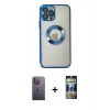 MARSİLYAN™- iPhone 12 Pro Kılıf Pusula Form - Siyah 34D Hayalet Izgaralı Cam + Neon Fosforlu Kamera Lens - BZ