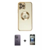 MARSİLYAN™- iPhone 12 Pro Kılıf Pusula Form - Siyah 34D Hayalet Izgaralı Cam + Neon Fosforlu Kamera Lens - BZ