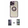MARSİLYAN™- iPhone 12 Pro Kılıf Pusula Form - Siyah 34D Hayalet Izgaralı Cam + Neon Fosforlu Kamera Lens - MI