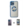 MARSİLYAN™- iPhone 12 Pro Kılıf Pusula Form - Siyah 34D Hayalet Izgaralı Cam + Neon Fosforlu Kamera Lens - MI