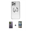 MARSİLYAN™- iPhone 12 Pro Kılıf Pusula Form - Siyah 34D Hayalet Izgaralı Cam + Neon Fosforlu Kamera Lens - YL