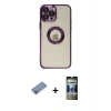 MARSİLYAN™- iPhone 12 Pro Kılıf Pusula Form - Siyah 34D Hayalet Izgaralı Cam + Shine Kamera Lens Koruma Cam - PE