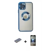 MARSİLYAN™- iPhone 12 Pro Kılıf Pusula Form - Siyah 34D Hayalet Izgaralı Cam + Renkli Kamera Lens Koruma Cam - SI
