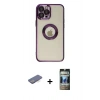 MARSİLYAN™- iPhone 12 Pro Kılıf Pusula Form - Siyah 34D Hayalet Izgaralı Cam + Renkli Kamera Lens Koruma Cam - MI