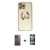 MARSİLYAN™- iPhone 12 Pro Kılıf Pusula Form - Siyah 34D Hayalet Izgaralı Cam + Sarı Neon Fosforlu Kamera Lens