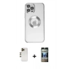 MARSİLYAN™- iPhone 12 Pro Kılıf Pusula Form - Siyah 34D Hayalet Izgaralı Cam + Shine Kamera Lens - GD