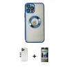 MARSİLYAN™- iPhone 12 Pro Kılıf Pusula Form - Siyah 34D Hayalet Izgaralı Cam + Shine Kamera Lens - GD