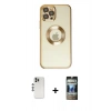 MARSİLYAN™- iPhone 12 Pro Kılıf Pusula Form - Siyah 34D Hayalet Izgaralı Cam + Shine Kamera Lens - GS