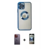 MARSİLYAN™- iPhone 12 Pro Kılıf Pusula Form - Siyah 34D Hayalet Izgaralı Cam + Neon Fosforlu Kamera Lens - TU