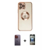 MARSİLYAN™- iPhone 12 Pro Kılıf Pusula Form - Siyah 34D Hayalet Izgaralı Cam + Neon Fosforlu Kamera Lens - TU
