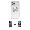 MARSİLYAN™- iPhone 12 Pro Kılıf Pusula Form - Siyah 34D Hayalet Izgaralı Cam + Neon Fosforlu Kamera Lens - TU