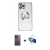 MARSİLYAN™- iPhone 12 Pro Kılıf Pusula Form - Siyah 3D Antistatik Cam Ekran Koruyucu + Neon Fosforlu Kamera Lens - SI