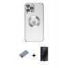 MARSİLYAN™- iPhone 12 Pro Kılıf Pusula Form - Siyah 3D Antistatik Hayalet Cam Ekran Koruyucu + Pembe Shine Kamera Lens Koruma Cam