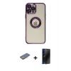 MARSİLYAN™- iPhone 12 Pro Kılıf Pusula Form - Siyah 3D Antistatik Hayalet Cam Ekran Koruyucu + Renkli Kamera Lens Koruma Cam - PE