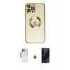 MARSİLYAN™- iPhone 12 Pro Kılıf Pusula Form - Siyah 3D Antistatik Hayalet Cam Ekran Koruyucu + Shine Kamera Lens - GS