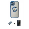 MARSİLYAN™- iPhone 12 Pro Kılıf Pusula Form - Siyah 3D Antistatik Hayalet Cam Ekran Koruyucu + Siyah Shine Kamera Lens Koruma Cam