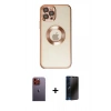 MARSİLYAN™- iPhone 12 Pro Kılıf Pusula Form - Siyah 3D Antistatik Hayalet Cam Ekran Koruyucu + Turuncu Neon Fosforlu Kamera Lens