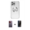 MARSİLYAN™- iPhone 12 Pro Kılıf Pusula Form - Siyah 3D Antistatik Hayalet Cam Ekran Koruyucu + Turuncu Neon Fosforlu Kamera Lens