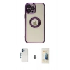 MARSİLYAN™- iPhone 12 Pro Kılıf Pusula Form - Siyah 6D Mat Seramik Hayalet Nano Ekran Koruyucu + Mavi Shine Kamera Lens
