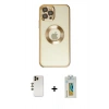 MARSİLYAN™- iPhone 12 Pro Kılıf Pusula Form - Siyah Polymer Nano Ekran Koruyucu + Gold Shine Kamera Lens