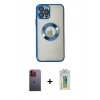 MARSİLYAN™- iPhone 12 Pro Kılıf Pusula Form - Siyah Polymer Nano Ekran Koruyucu + Turuncu Neon Fosforlu Kamera Lens
