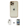 MARSİLYAN™- iPhone 12 Pro Kılıf Vadi Minimal - Siyah 34D Hayalet Izgaralı Cam + Shine Kamera Lens - GD
