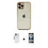MARSİLYAN™- iPhone 12 Pro Kılıf Vadi Minimal - Siyah 34D Hayalet Izgaralı Cam + Shine Kamera Lens - GS