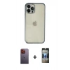 MARSİLYAN™- iPhone 12 Pro Kılıf Vadi Minimal - Siyah 34D Hayalet Izgaralı Cam + Neon Fosforlu Kamera Lens - TU
