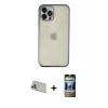 MARSİLYAN™- iPhone 12 Pro Kılıf Vadi Minimal - Siyah 34D Hayalet Izgaralı Cam + Rainbow Kamera Lens Koruma Cam - GD