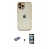 MARSİLYAN™- iPhone 12 Pro Kılıf Vadi Minimal - Siyah 34D Hayalet Izgaralı Cam + Renkli Kamera Lens Koruma Cam - SI