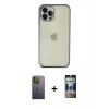 MARSİLYAN™- iPhone 12 Pro Kılıf Vadi Minimal - Siyah 34D Hayalet Izgaralı Cam + Neon Fosforlu Kamera Lens - YL