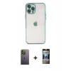 MARSİLYAN™- iPhone 12 Pro Kılıf Vadi Minimal - Siyah 34D Hayalet Izgaralı Cam + Neon Fosforlu Kamera Lens - YL