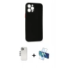 MARSİLYAN™- iPhone 12 Pro Kılıf Yadigar Yansıma Serisi - Siyah 3D Antistatik Cam Ekran Koruyucu + Shine Kamera Lens - GS