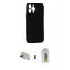 MARSİLYAN™- iPhone 12 Pro Kılıf Yadigar Yansıma Serisi - Siyah Polymer Nano Ekran Koruyucu + Rainbow Kamera Lens Koruma Cam - GD