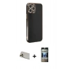 MARSİLYAN™- iPhone 12 Pro Kılıf Yankı Serisi - Siyah 34D Hayalet Izgaralı Cam + Rainbow Kamera Lens Koruma Cam - GD