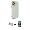 MARSİLYAN™- iPhone 12 Pro Kılıf Yankı Serisi - Siyah 34D Hayalet Izgaralı Cam + Rainbow Kamera Lens Koruma Cam - GD
