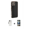 MARSİLYAN™- iPhone 12 Pro Kılıf Yankı Serisi - Siyah 34D Hayalet Izgaralı Cam + Shine Kamera Lens - GS