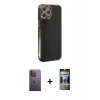 MARSİLYAN™- iPhone 12 Pro Kılıf Yankı Serisi - Siyah 34D Hayalet Izgaralı Cam + Neon Fosforlu Kamera Lens - SI