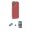 MARSİLYAN™- iPhone 12 Pro Kılıf Yankı Serisi - Siyah 34D Hayalet Izgaralı Cam + Pembe Shine Kamera Lens Koruma Cam