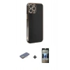 MARSİLYAN™- iPhone 12 Pro Kılıf Yankı Serisi - Siyah 34D Hayalet Izgaralı Cam + Renkli Kamera Lens Koruma Cam - SI