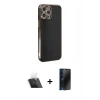 MARSİLYAN™- iPhone 12 Pro Kılıf Yankı Serisi - Siyah 3D Antistatik Hayalet Cam Ekran Koruyucu + Kamera Lens Koruma Cam - SF