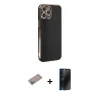 MARSİLYAN™- iPhone 12 Pro Kılıf Yankı Serisi - Siyah 3D Antistatik Hayalet Cam Ekran Koruyucu + Shine Kamera Lens Koruma Cam - SABE