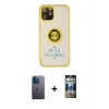 MARSİLYAN™- iPhone 12 Pro Kılıf Yörünge Çizgi - Siyah 34D Hayalet Izgaralı Cam + Neon Fosforlu Kamera Lens - MI