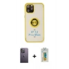 MARSİLYAN™- iPhone 12 Pro Kılıf Yörünge Çizgi - Siyah Polymer Nano Ekran Koruyucu + Neon Fosforlu Kamera Lens - BZ