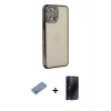 MARSİLYAN™- iPhone 12 Pro Kılıf Yörünge Koleksiyonu - Siyah 3D Antistatik Hayalet Cam Ekran Koruyucu + Shine Kamera Lens Koruma Cam - GS