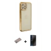 MARSİLYAN™- iPhone 12 Pro Kılıf Yörünge Koleksiyonu - Siyah 3D Antistatik Hayalet Cam Ekran Koruyucu + Shine Kamera Lens Koruma Cam - SABE